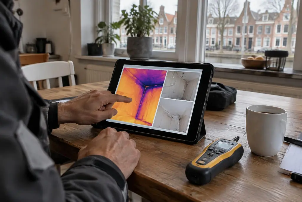 Lekdetectie Woerden – lekdetectierapport met warmtebeelden en foto's op een tablet