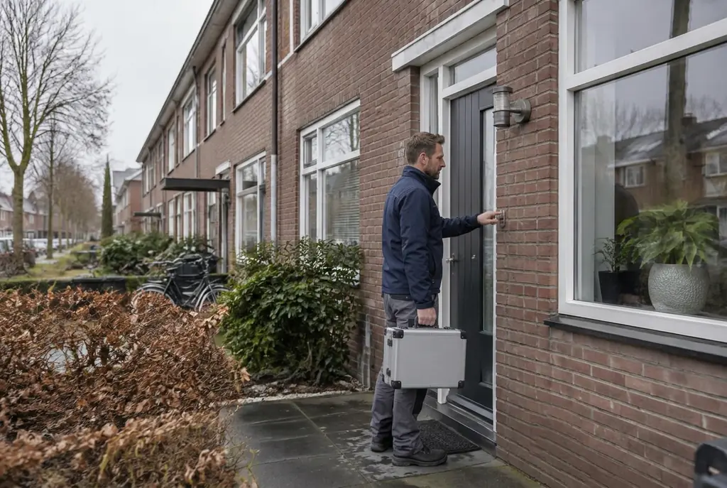 Lekdetectiespecialist met meetkoffer bij de voordeur van een woning in Woerden